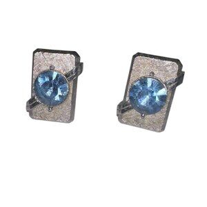 Vintage Swank Mens Silver Tone Cufflinks Blue Faceted Stone MCM Classic